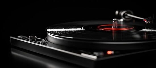 Vinyl turntable close up showcasing audio equipment and acoustics in a modern dark setting emphasizing sound quality and design elegance