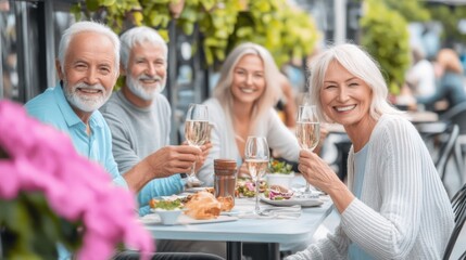 Four friends celebrate together with glasses of sparkling drink at a lively outdoor restaurant adorned with plants on a sunny day