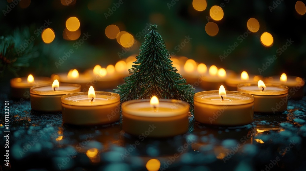 Poster Warm tealight candles arranged in a tree shape on a dark backdrop create a cozy atmosphere with glowing lights and festive ambiance.