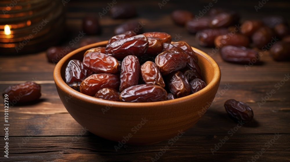 Poster bowl of fresh pitted dates on rustic wooden background showcasing natural textures and warm tones fr