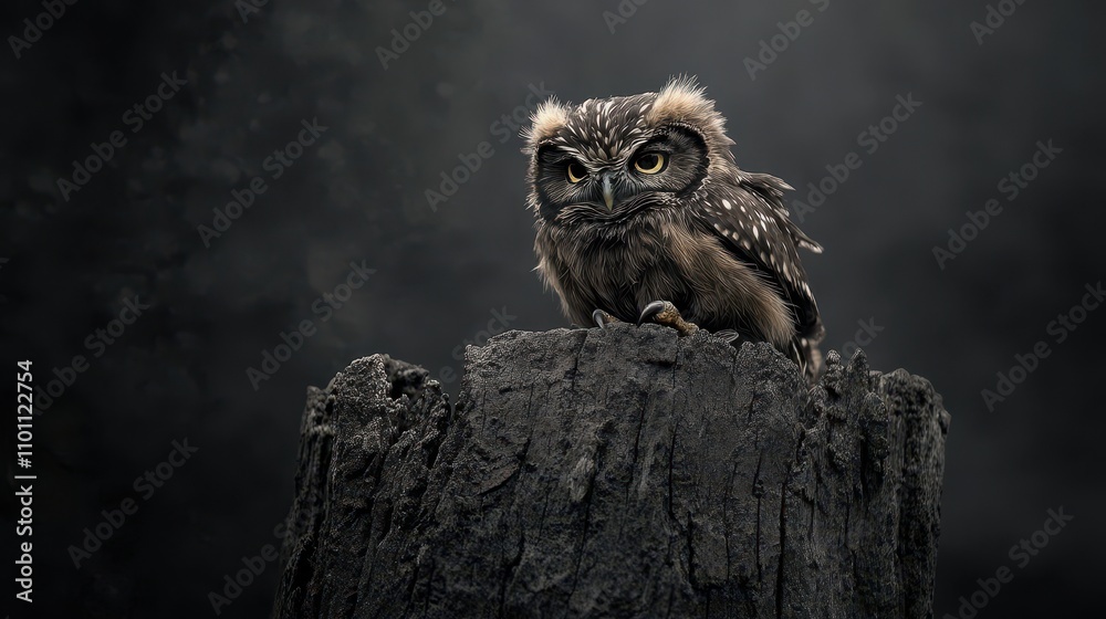 Poster a small owl perched on a mossy stump in a dimly lit environment, showcasing its unique features and 