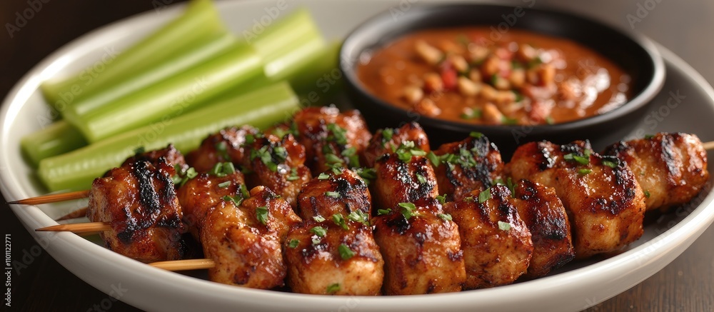 Aufkleber savory chicken satay skewers served with creamy peanut sauce and fresh celery sticks on a white plat