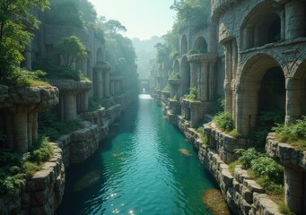 Ancient ruins along a serene river adorned with lush greenery and historic architecture