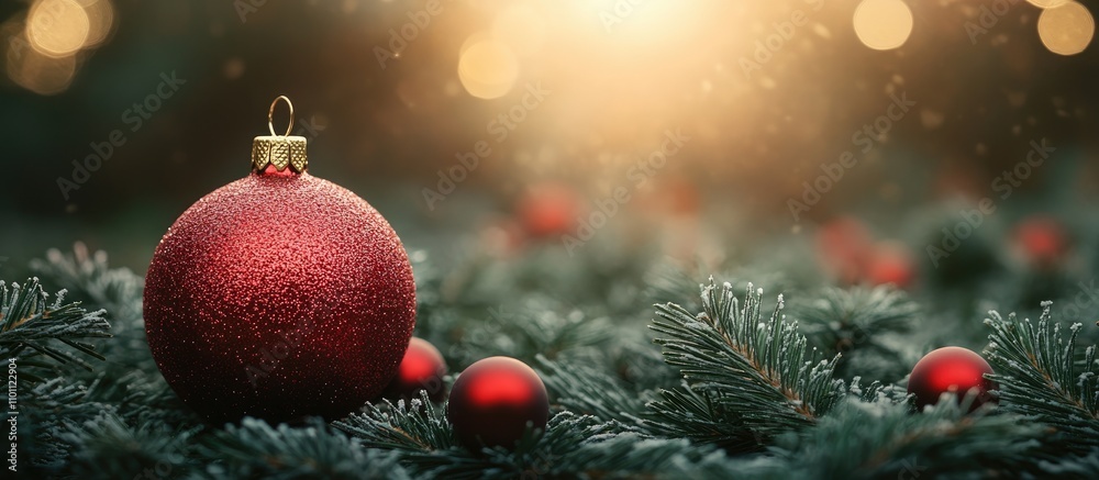 Poster Red Christmas ball ornament on pine branches with soft bokeh lights creating a festive holiday atmosphere in the background