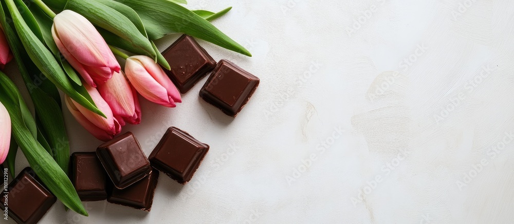 Poster Chocolate candies and delicate tulip flowers arranged on a soft background creating a serene and elegant composition