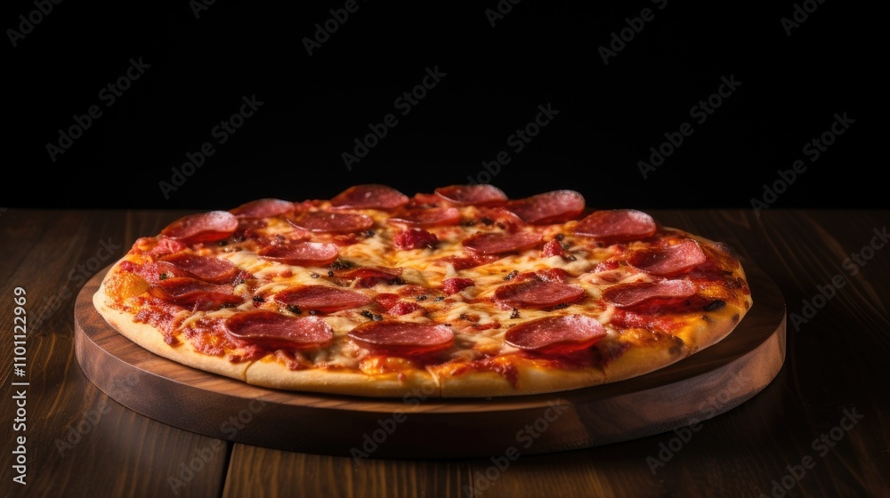 Aufkleber classic pepperoni pizza on a wooden stand with dark background top view showcasing delicious topping