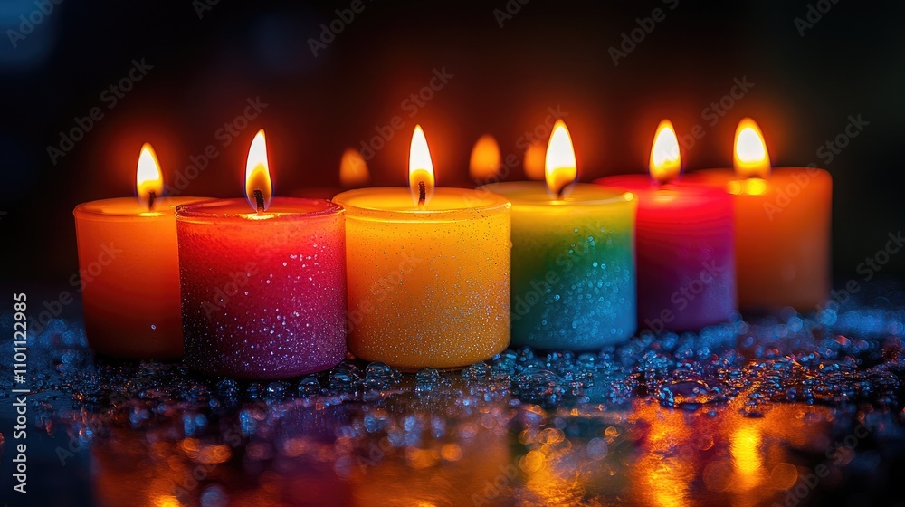 Aufkleber Colorful burning candles arranged in a row against a dark background creating a warm and inviting atmosphere.