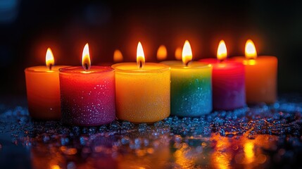 Colorful burning candles arranged in a row against a dark background creating a warm and inviting atmosphere.