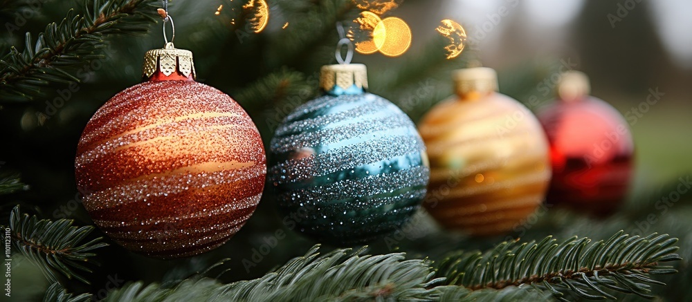 Aufkleber colorful christmas ornaments hanging on evergreen tree branches creating a festive holiday atmospher