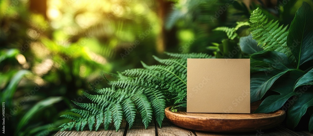 Poster tropical mockup flat lay featuring a blank card on a wooden table surrounded by lush fern leaves in 