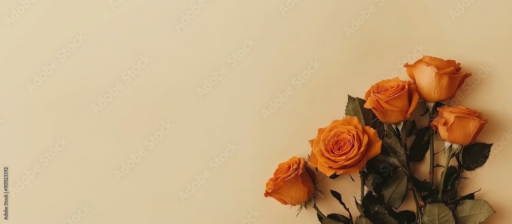 Poster bouquet of vibrant orange roses on a soft beige background perfect for celebratory greetings and car
