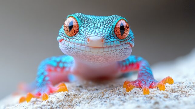 Colorful Gecko Close-Up on Neutral Background Capturing Unique Features and Textures of This Vibrant Reptile