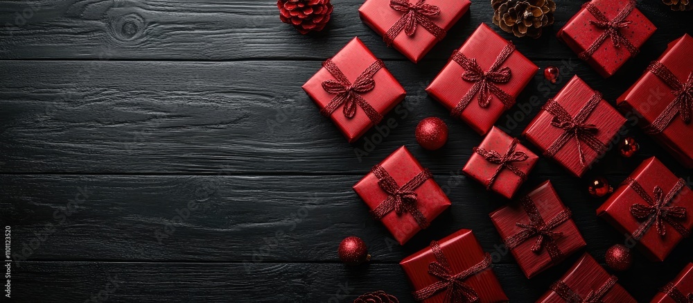 Aufkleber red christmas gift boxes elegantly arranged on a black wooden table creating a festive flat lay scen