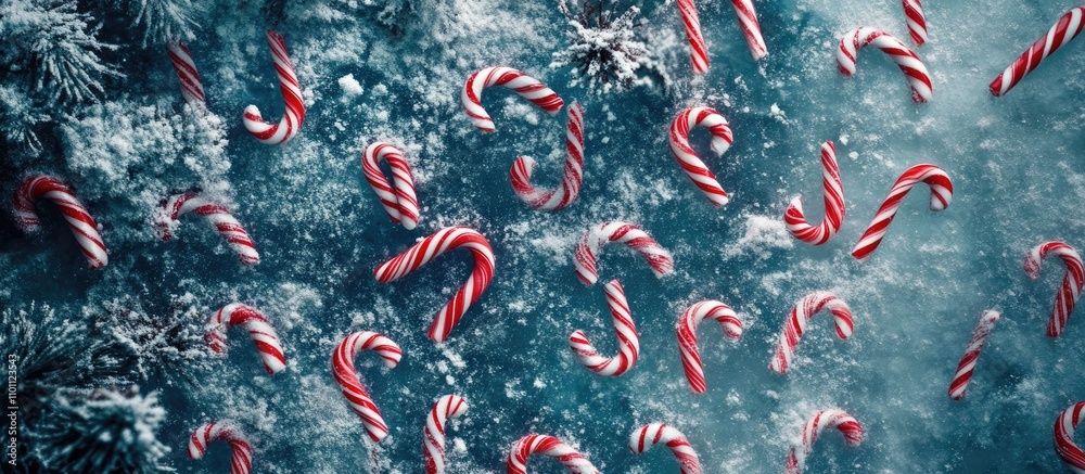 Poster festive candy canes scattered over a snowy backdrop creating a cheerful christmas holiday theme from