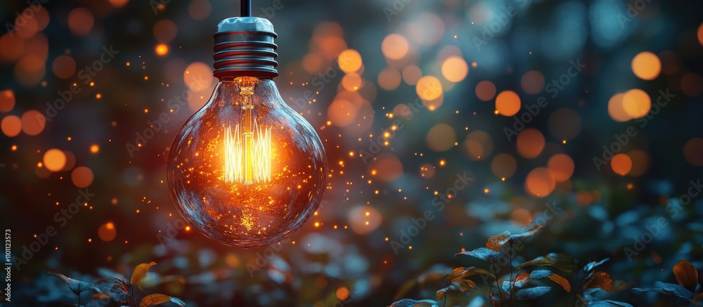 Aufkleber Bokeh effect with illuminated vintage LED bulb surrounded by soft glowing lights in a natural garden setting