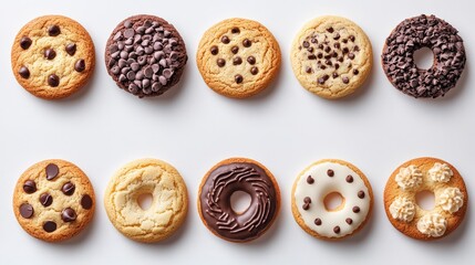 Fototapeta premium Assorted cookies collection including chocolate chip, sugar, and butter cookies arranged on a white background for dessert imagery