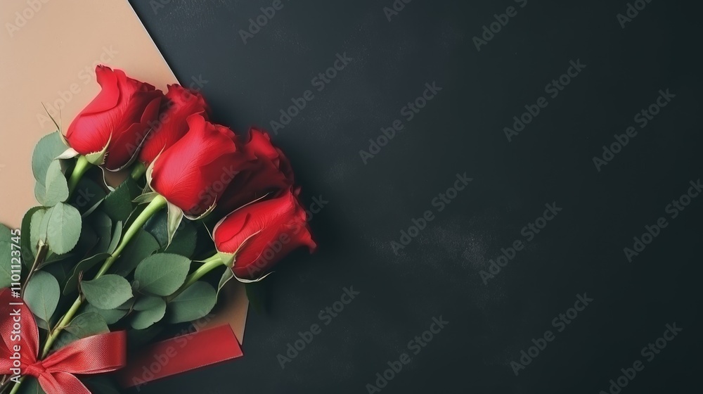 Poster Red rose bouquet in craft paper with ribbon on dark background for greetings and messages flat lay composition