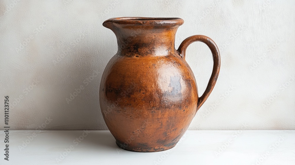 Poster clay jug with an elegant handle displayed on a minimalist white backdrop isolated artistic pottery p