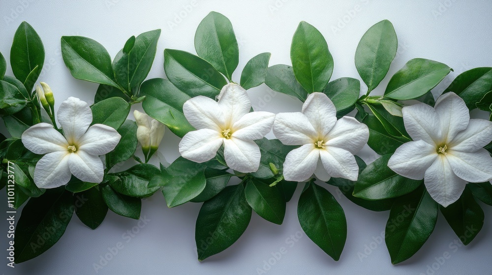 Poster fresh jasmine flowers and lush green leaves arranged elegantly on a pristine white background creati
