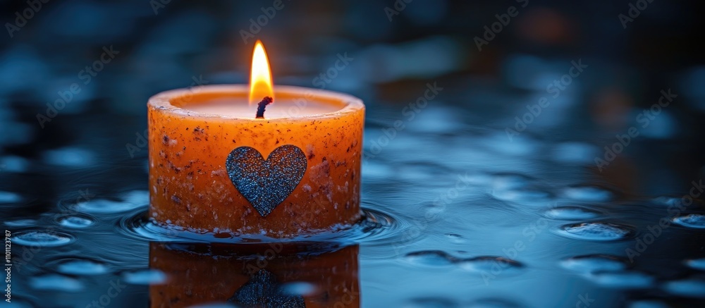Poster heart shaped candle glowing in water surrounded by raindrops creating a serene and romantic atmosphe