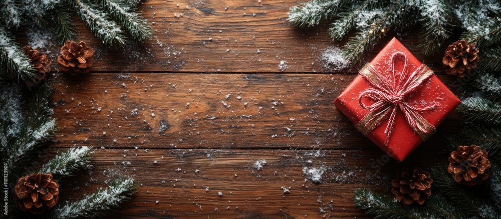 Poster christmas gift box on wooden table surrounded by snow and pine branches aerial view with empty space