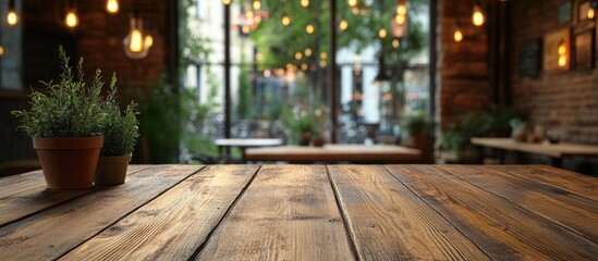 Obraz premium Rustic wooden table in foreground with blurred cafe interior and warm lighting creating a cozy atmosphere in the background