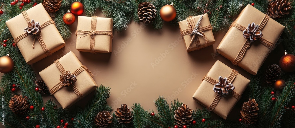 Poster christmas gift boxes and decorations arranged in a flat lay style with pinecones and ornaments on a 