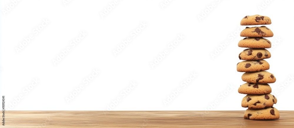 Poster chocolate chip cookie tower stacked on a rustic wooden desk showcasing a minimalist white background