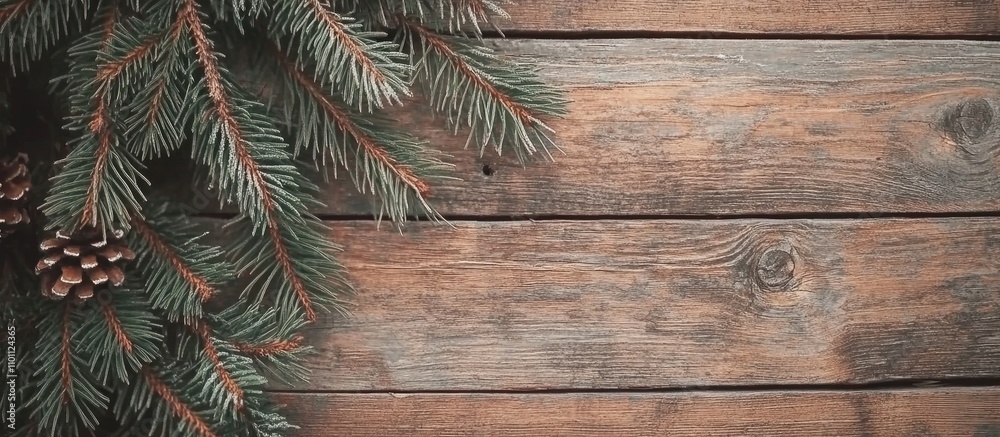 Poster Christmas themed rustic wood background with tree branches and pine cones creating a cozy seasonal atmosphere for text or graphics.