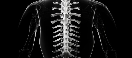 X-ray image of a human spine on a dark background illustrating vertebrae and spinal structure for medical analysis