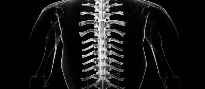 X-ray image of a human spine on a dark background illustrating vertebrae and spinal structure for medical analysis