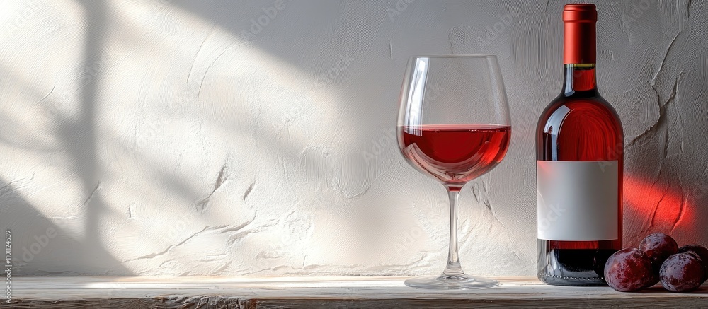 Poster red wine bottle and glass on rustic wooden table with white textured background highlighting eleganc