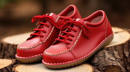 Fototapeta premium Stylish children's red leather shoes with intricate stitching design on a natural wooden background