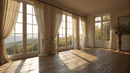 Fototapeta premium Natural light streams through large windows adorned with flowing drapes casting soft shadows on the hardwood floor and enhancing the cozy ambiance of the space.
