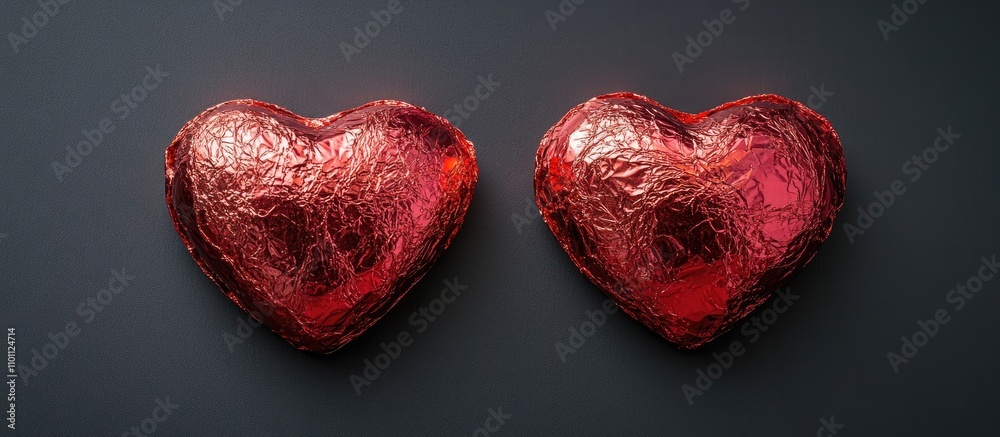 Poster heart-shaped chocolates wrapped in shiny red foil isolated on a dark background ideal for valentine'