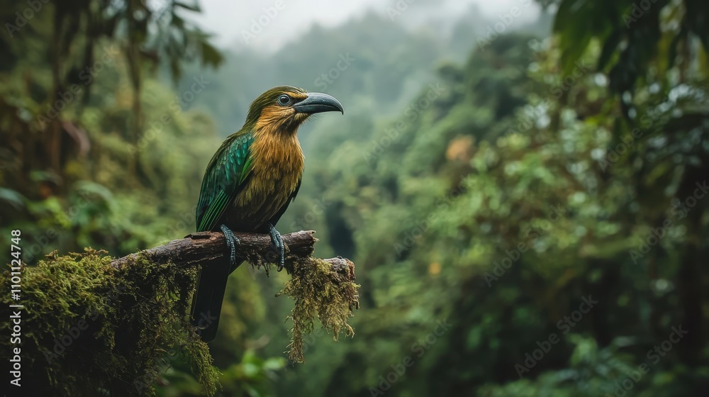 Poster a vibrant bird perched on a moss-covered branch, surrounded by lush greenery in a misty forest setti