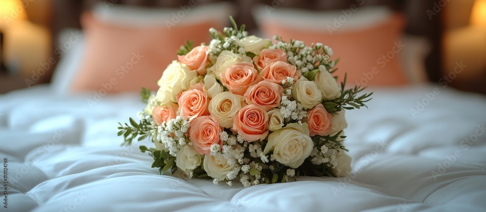 Aufkleber elegant wedding bouquet and matching boutonniere delicately arranged on a plush bedspread creating a