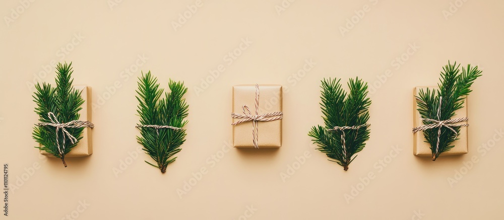 Poster Christmas gifts adorned with fir branches arranged on a pastel backdrop creating a festive border with ample empty space for text.