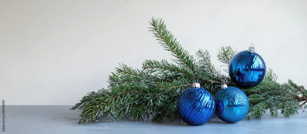Aufkleber blue christmas tree ornaments alongside a green spruce branch on a light backdrop creating a festive