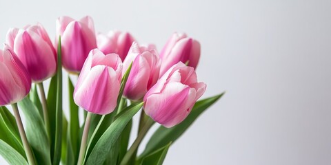 Naklejka premium Vibrant pink tulips elegantly arranged in a vase against a pristine white background, showcasing the beauty of pink tulips in a stunning minimalist display. Perfect for floral enthusiasts and decor