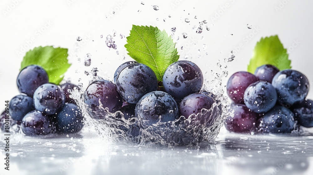 Poster black grapes with green leaves splashing in water isolated on a light background showcasing freshnes