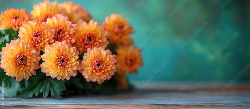 Poster chrysanthemum flower bouquet on wooden table with vibrant green background close up showcasing color