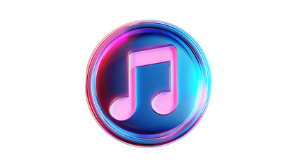 Neon Music Note Icon: A vibrant, neon music note icon rendered in a 3D style. The icon features a pink note within a blue circle with a holographic, iridescent glow.  Perfect for a modern.