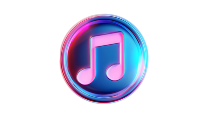 Neon Music Note Icon: A vibrant, neon music note icon rendered in a 3D style. The icon features a pink note within a blue circle with a holographic, iridescent glow.  Perfect for a modern.