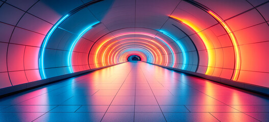Futuristic Neon Corridor with Geometric Patterns and Pink Blue Lighting for Modern Exploration
