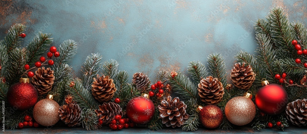 Poster christmas holiday decorations featuring pinecones and ornaments on a soft blue background with space