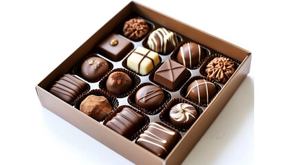 Obraz premium Chocolate Assortment in Box: A tempting selection of decadent chocolates arranged in a brown box, a gift perfect for any occasion. 