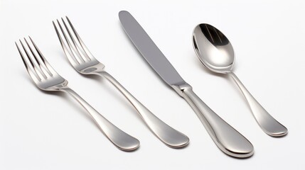 Elegant stainless steel cutlery set including fork knife and spoon on white background showcasing modern tableware design