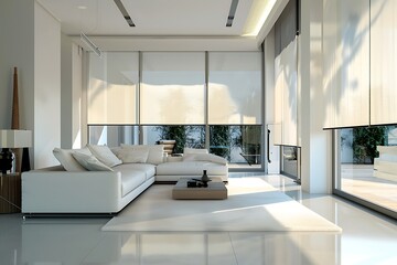 Interior of luxury living room with motorized roller blinds, solar shades and modern glass window