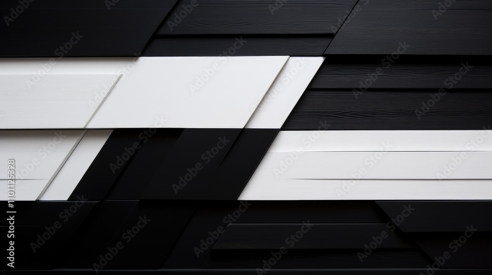 Poster black background with white painted wood panels creating a modern abstract composition featuring geo